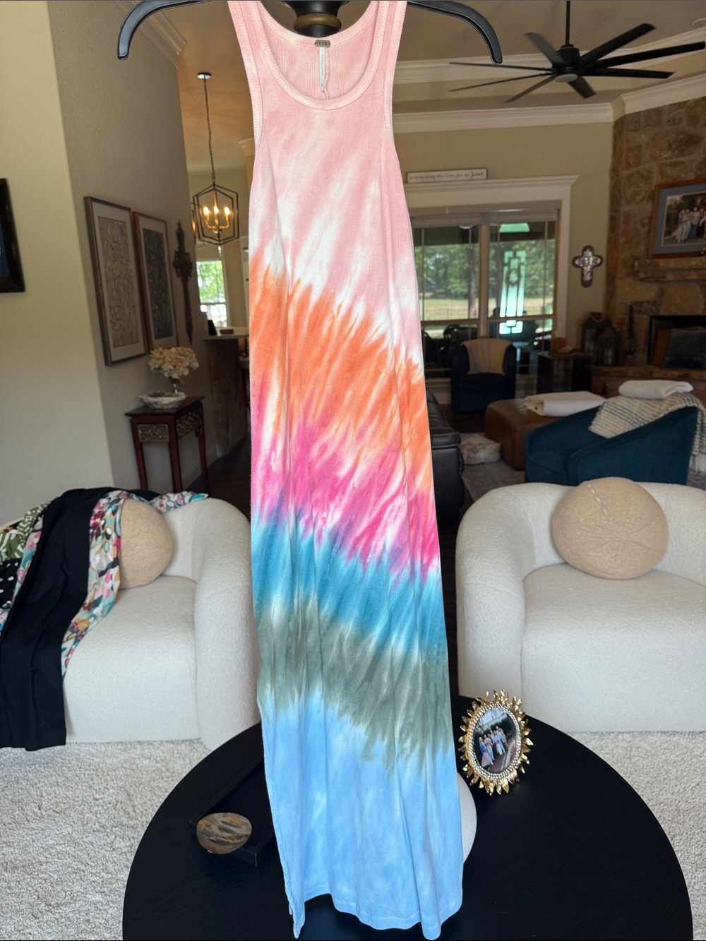 Sleeveless Tie-Dye Maxi Dress in Pink, Orange, Blue & Green